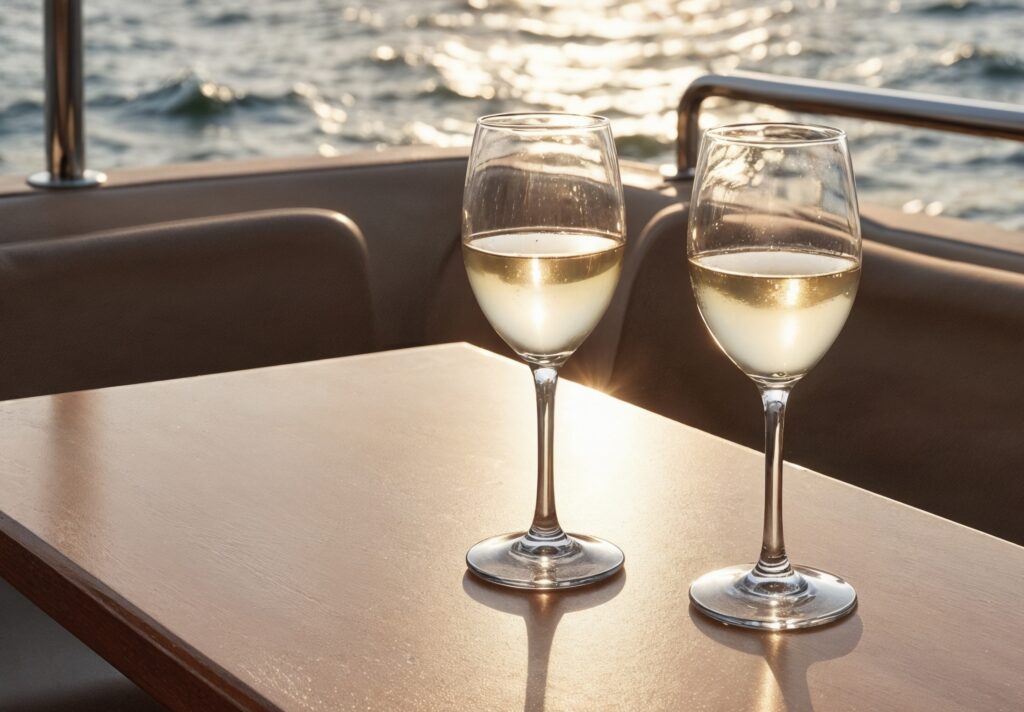 two wine glasses yacht sunset